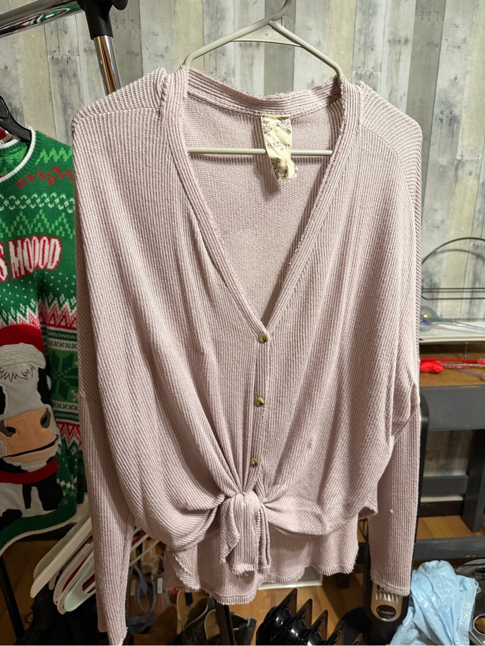 Blu Pepper Blush V-Neck Tie-Front Button Sweater
